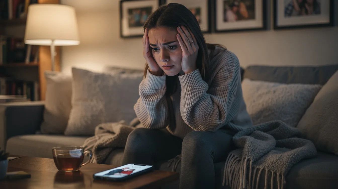 A woman sits alone at home, lost in thought as she reflects on her past relationship with her ex-partner, grappling with negative emotions and unwanted thoughts about their breakup. Surrounded by reminders of old memories, she contemplates how to move forward in her present life, seeking a healthy way to process her feelings and focus on self-care.