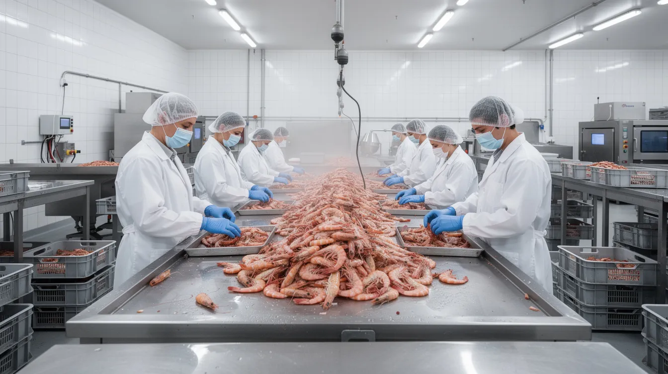 733ad87c 2e3e 463e 9d7c b08a30f8567b In a clean processing facility, workers are diligently sorting fresh shrimp on stainless steel tables, ensuring quality and hygiene in the food processing industry. This scene highlights the importance of raw materials in profitable business ideas, particularly in the seafood sector.