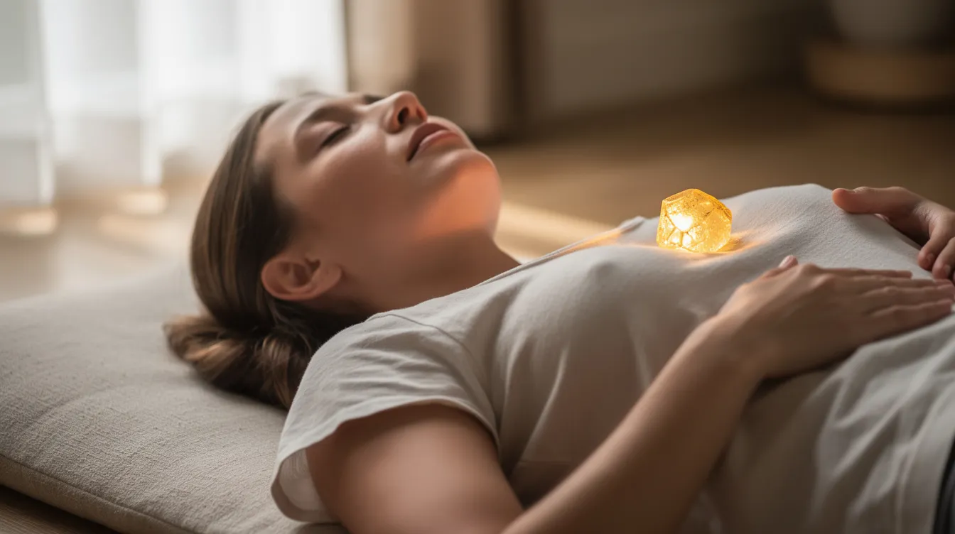A person lies peacefully in a meditative pose with a golden crystal resting on their upper abdomen, symbolizing the solar plexus chakra. This serene scene suggests a focus on solar plexus chakra healing, promoting personal power and emotional balance through energy flow and meditation.