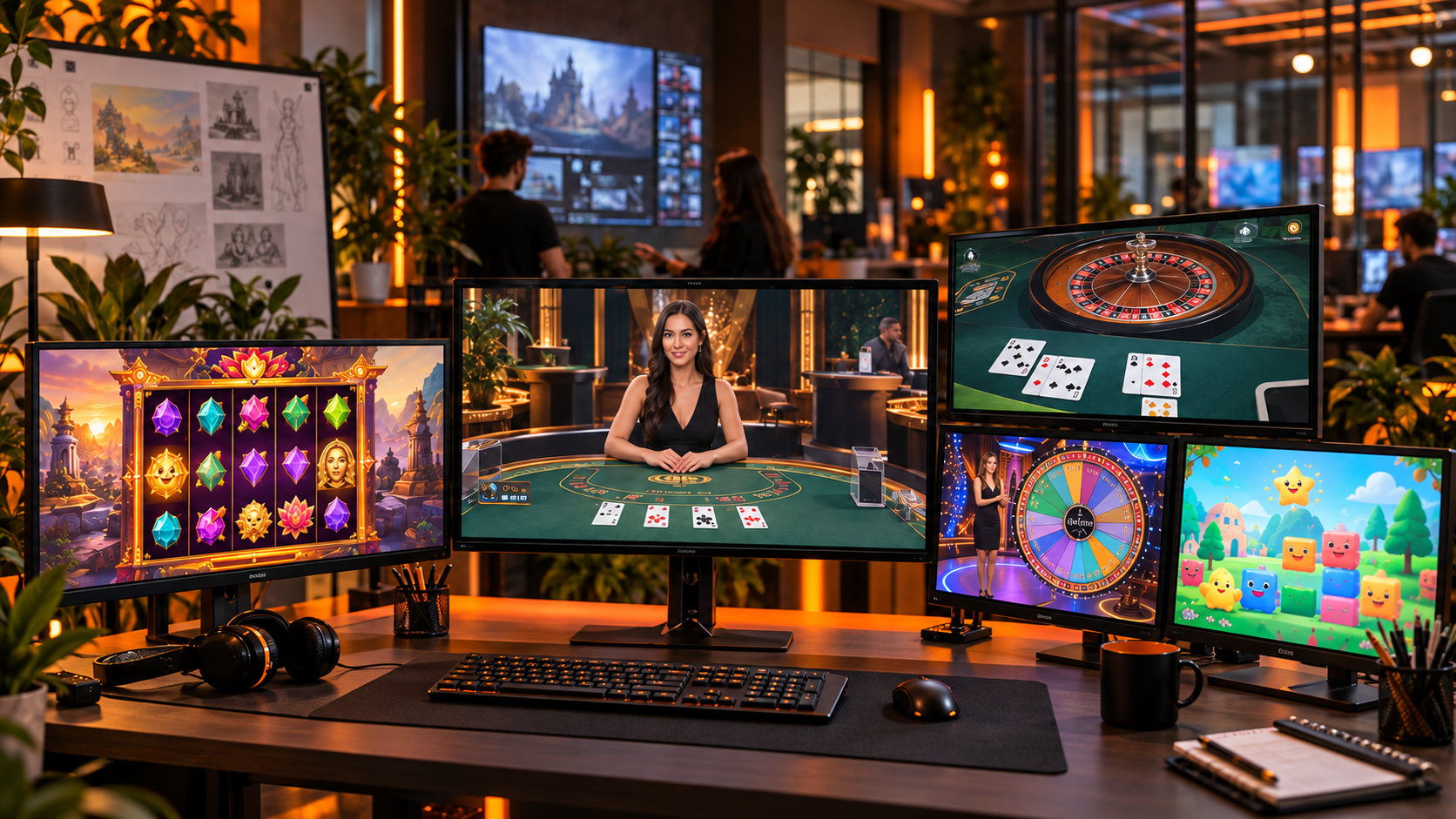 Schermen in een spelstudio tonen slots, live casino, roulette, een spelshow en een casual game.