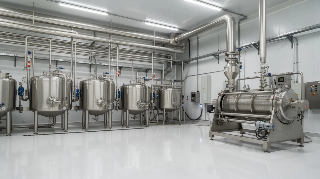 The image depicts a modern industrial food processing facility featuring stainless steel tanks and pipes, with centrifuge equipment prominently displayed in a clean and organized factory environment. This setting is essential for the production of various starches, including pea starch and modified starch, highlighting the complex manufacturing process and unit operations involved in the food industry.