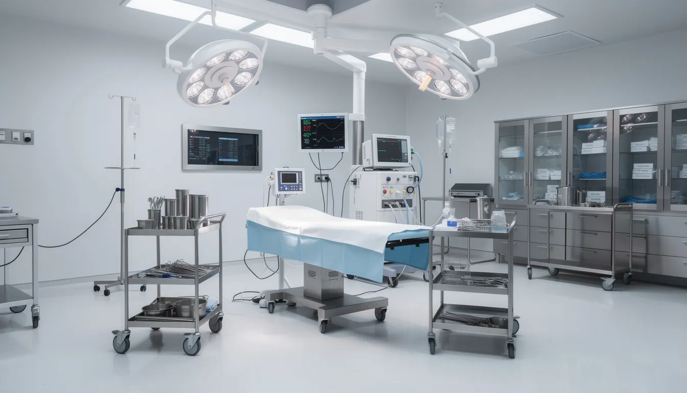 The image depicts a sterile hospital operating room filled with various surgical equipment, including a surgical table, lights, and monitors, essential for medical procedures. This environment highlights the importance of medical professionals in ensuring safe and effective medical treatment, as well as the potential for medical malpractice claims if errors occur during surgical procedures.