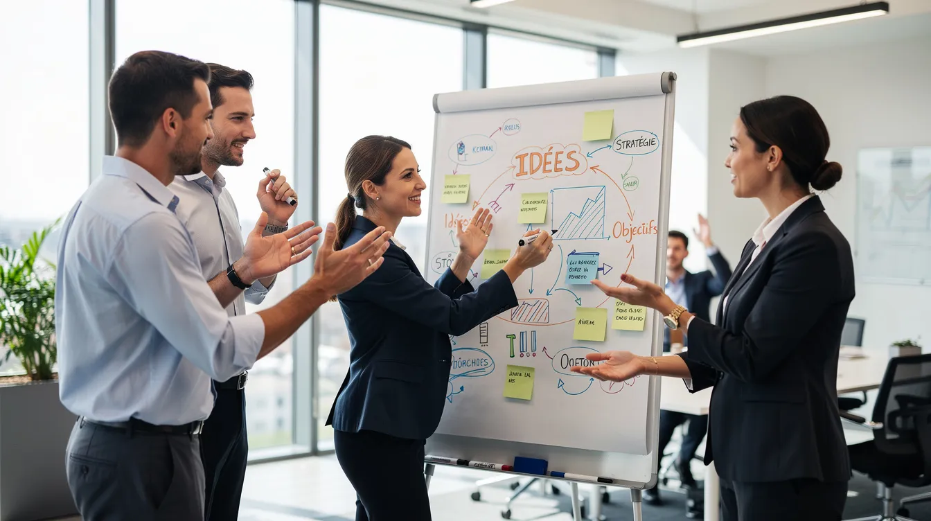 L'image montre des professionnels debout devant un tableau blanc, échangeant des idées avec des gestes expressifs, illustrant la dynamique d'une équipe en pleine discussion. Cette scène met en avant l'importance de la créativité et de la gestion des désaccords pour améliorer la performance collective au sein d'une organisation.