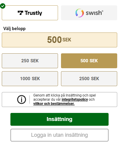 Insättningar och uttag med Swish och Trustly.