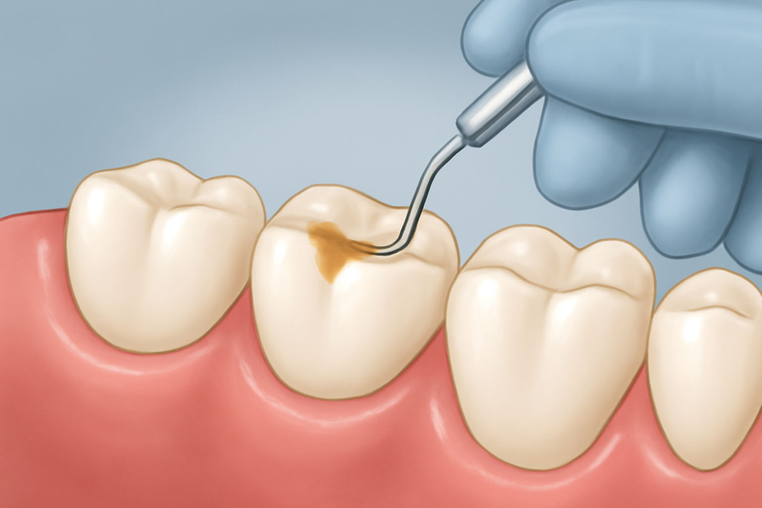 "En tannlege undersøker tidlig karies på en tann i et tannsett, med en dental utforsker i hånden."