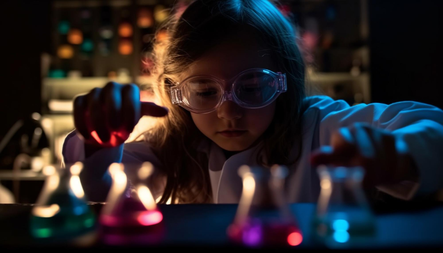 An image of a scientist with beakers and equations
