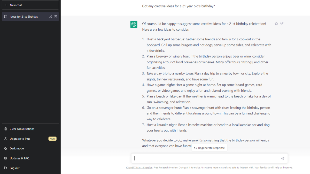 Screenshot of ChatGPT answering a question about ideas for a 21st birthday party.