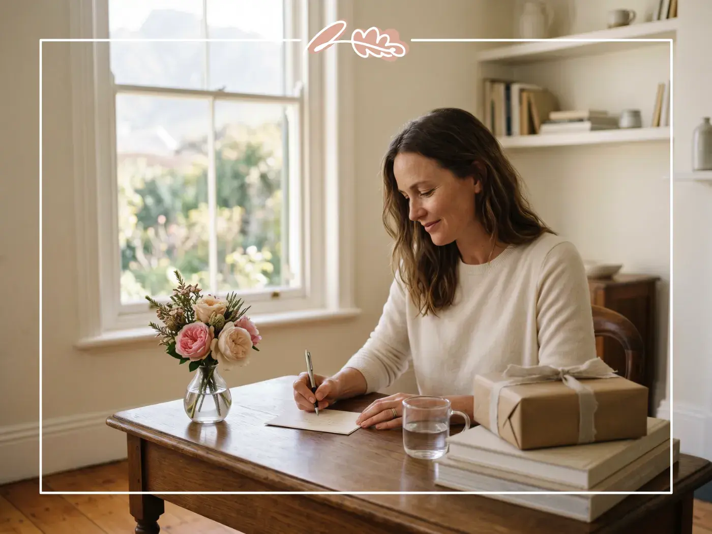 Wife writing romantic birthday wishes for her husband at an oak writing desk with pink garden roses and wrapped gift from Fabulous Flowers Cape Town