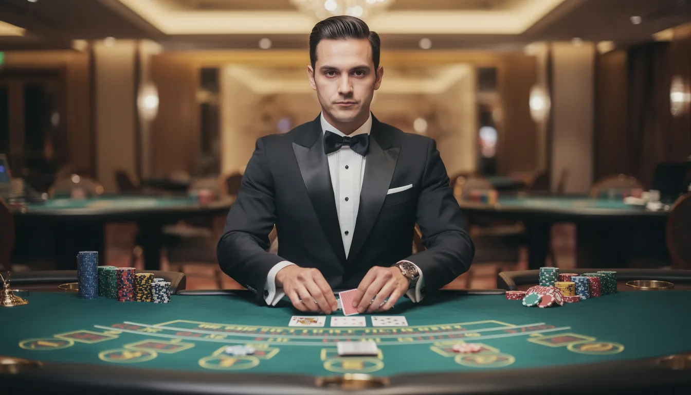 En professionell dealer står vid ett grönt casinobord, omgiven av kort och marker, vilket skapar en autentisk atmosfär av live casino. Denna bild fångar essensen av spelupplevelsen hos momang casino, där spelare kan njuta av ett stort utbud av casinospel och snabba uttag.