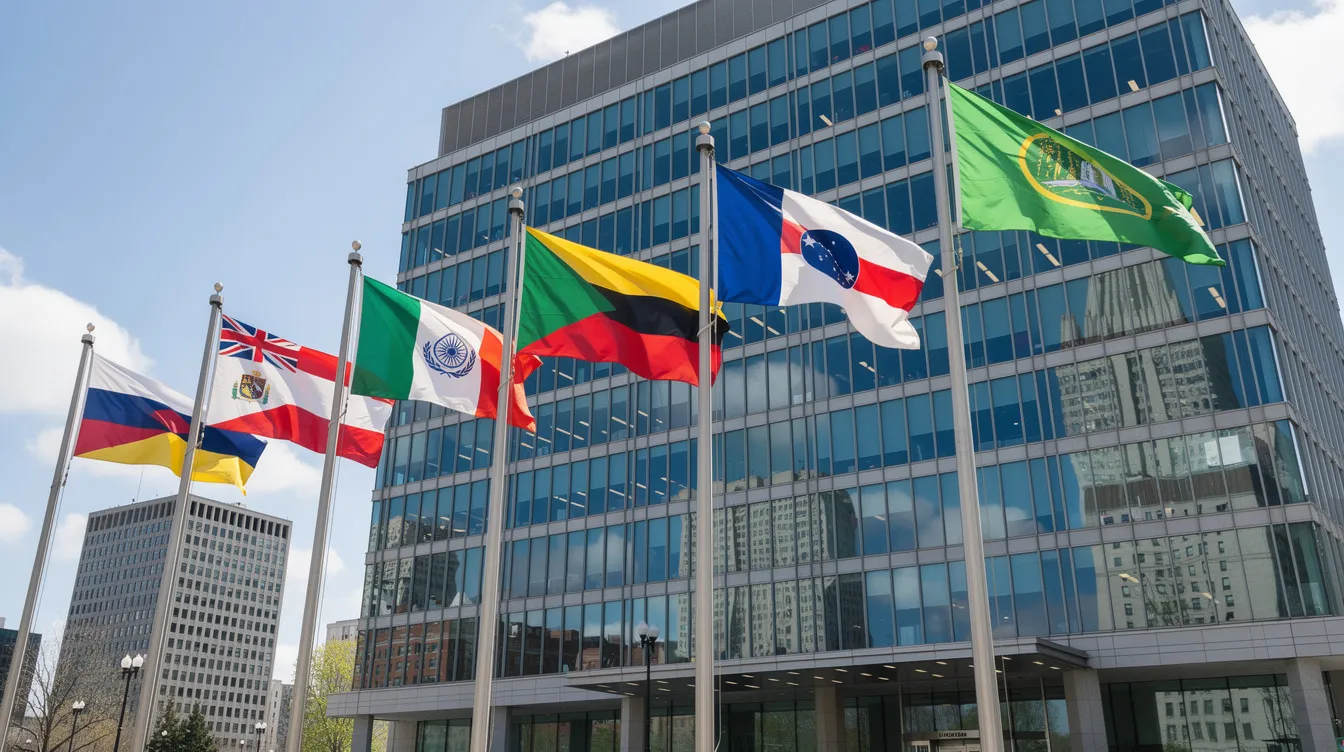 The image features seven diverse national flags prominently displayed in front of a sleek, modern glass government building, symbolizing collaboration among member countries in addressing global issues such as climate change and international security. This setting evokes the significance of summit meetings like the G7, where world leaders gather to discuss pressing challenges.