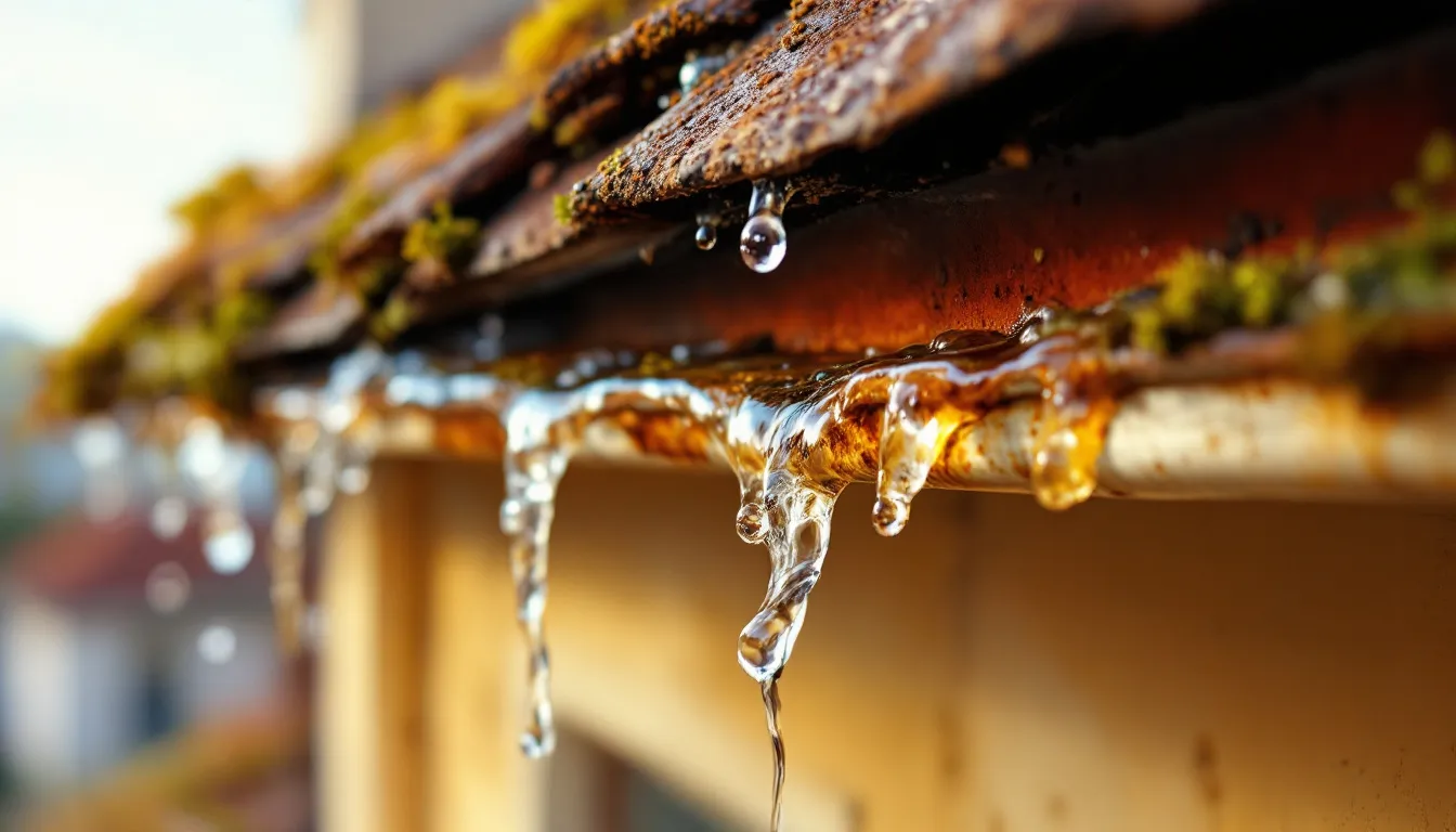 A close-up of a clogged gutter showing water damage signs.