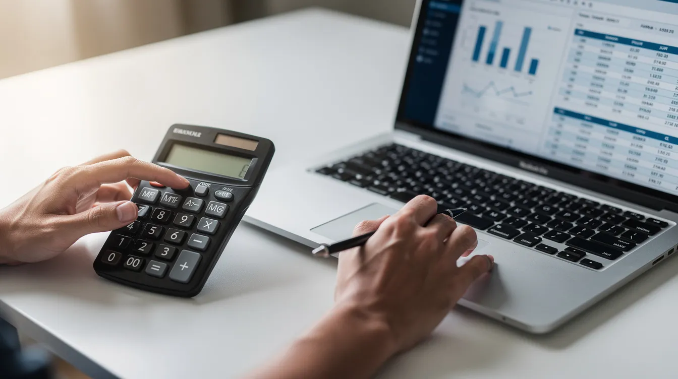 A close-up view of hands operating a calculator beside a laptop displaying various financial figures, highlighting the importance of calculations in managing loans and repayments. This scene emphasizes the process of loan applications and the assessment of financial data, crucial for making informed decisions about personal loans and repayment plans.