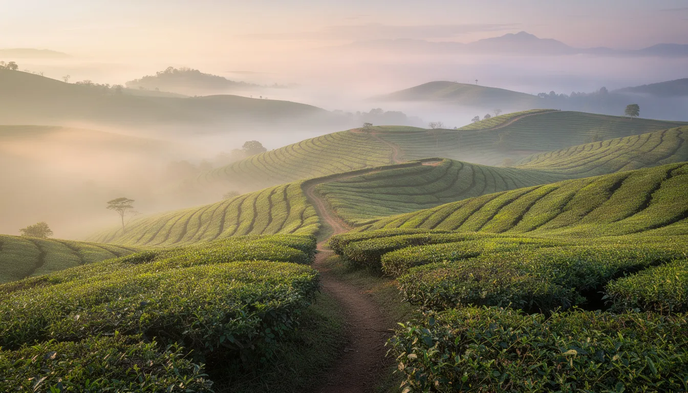 The image depicts rolling green tea plantation hills enveloped in morning mist, with a winding path that invites exploration. This serene landscape represents one of the most romantic honeymoon destinations in India, showcasing the stunning natural beauty and lush greenery ideal for a romantic getaway.