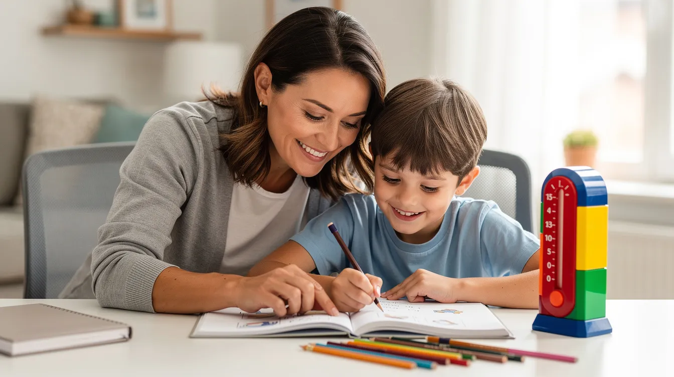 A parent and child are sitting together at a tidy desk, both smiling as they engage with a colorful workbook, which supports early childhood development and academic skills. Next to them, a visual timer helps manage their focus during play versus schoolwork, fostering self-regulation and attention in a positive learning environment.