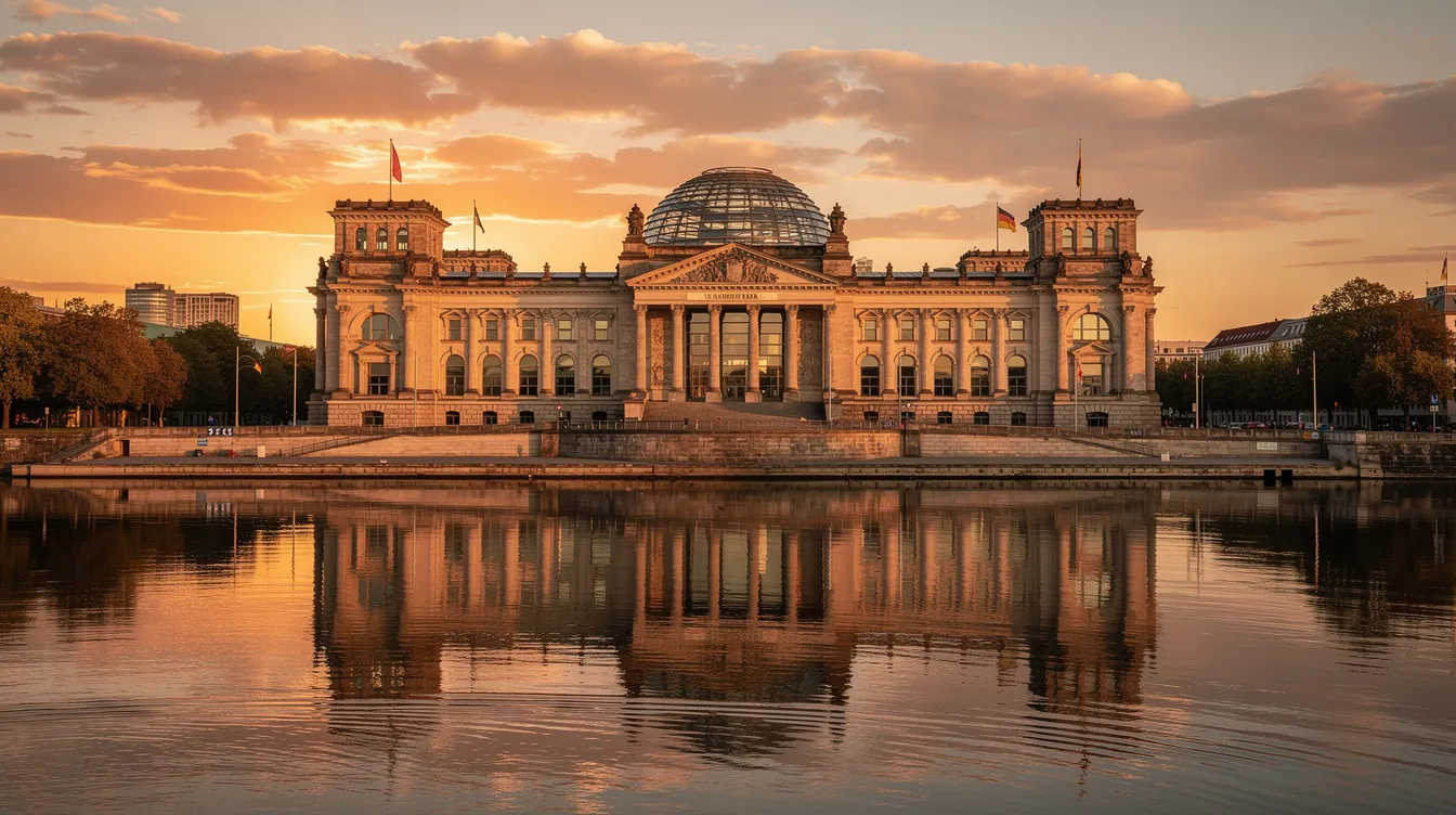 Der Blick auf das Reichstagsgebäude in Berlin bei Sonnenuntergang zeigt die beeindruckende Architektur, die sich malerisch im Wasser spiegelt. Diese Szene vermittelt ein Gefühl von Ruhe und Schönheit, während die Debatte über die Krypto-Besteuerung in Deutschland weiterhin im Vordergrund steht.