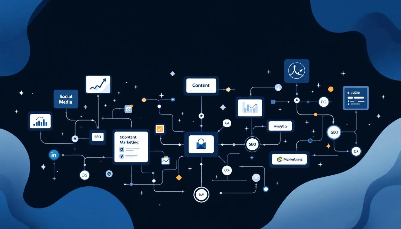 The image portrays a modern digital marketing landscape, showcasing various strategies used by a leading digital marketing agency to drive business growth. Elements such as social media platforms, email marketing, and market research are highlighted, emphasizing the importance of effective marketing campaigns and the role of a full-service marketing agency in achieving business goals.