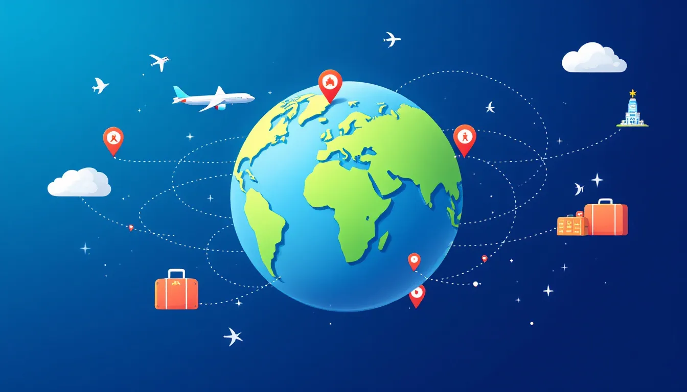 Global travel illustration with flight paths and icons for dummy ticket reservations