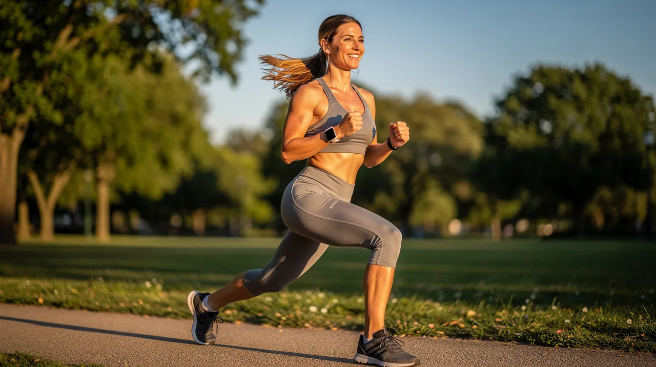 The image shows a confident woman exercising outdoors, radiating health and vitality. She embodies strength and well-being, highlighting the importance of fitness and self-care, which can also relate to discussions about cosmetic procedures like breast lift surgery for a more youthful appearance.