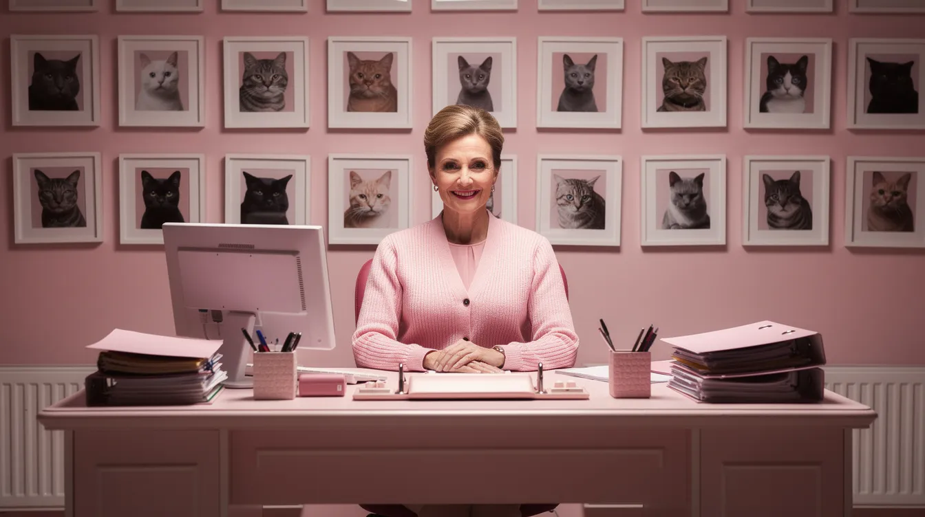 In einem rosa dekorierten Büro sitzt eine strenge Frau in einer rosa Strickjacke hinter einem Schreibtisch, umgeben von Katzenbildern an der Wand. Die Atmosphäre strahlt eine erzwungene Ordnung und eine bedrohliche Freundlichkeit aus, die an die komplexen Beziehungen in der Harry Potter Reihe erinnert.