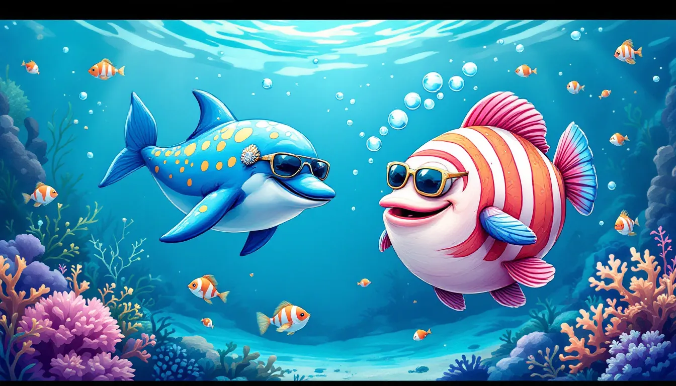 A dolphin interacting playfully with a pufferfish in the ocean.