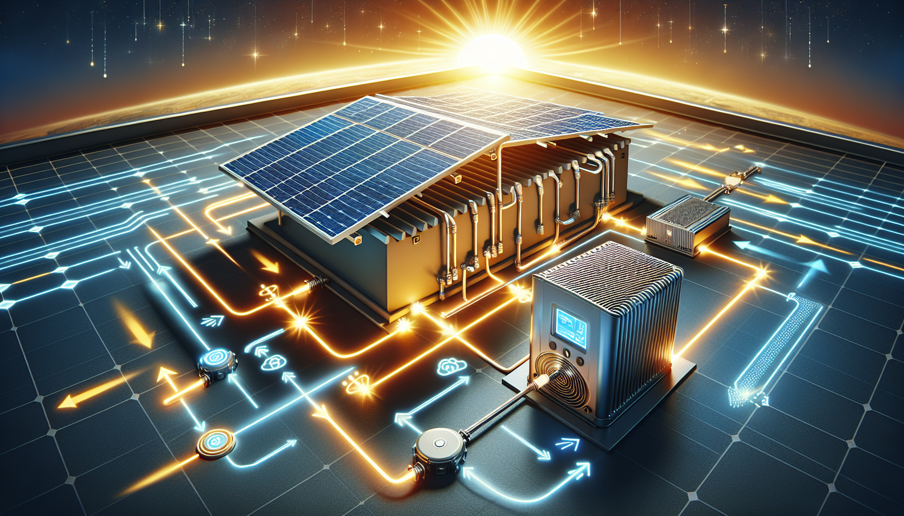 An illustration of a solar energy system featuring battery backup solutions.