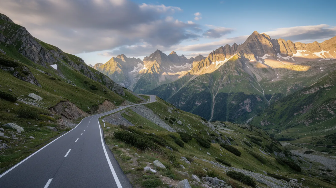 The image depicts a winding mountain road through the Pyrenees, with dramatic peaks rising in the background, showcasing the breathtaking scenery of northern Spain. This picturesque route is ideal for driving enthusiasts, highlighting the allure of Spanish motorways and the beauty of its tourist destinations.