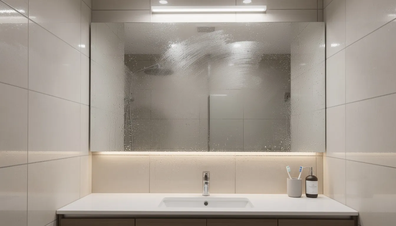 The image depicts a bathroom with moisture condensation on the mirror and tile surfaces, indicating potential mold growth due to excessive moisture and poor ventilation. This environment may lead to health problems and could require professional mold remediation to prevent future mold infestations.