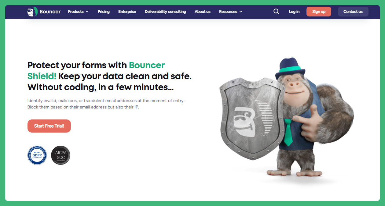 Bouncer shield page - among best practices for email verification API, you can use Bouncer Shield