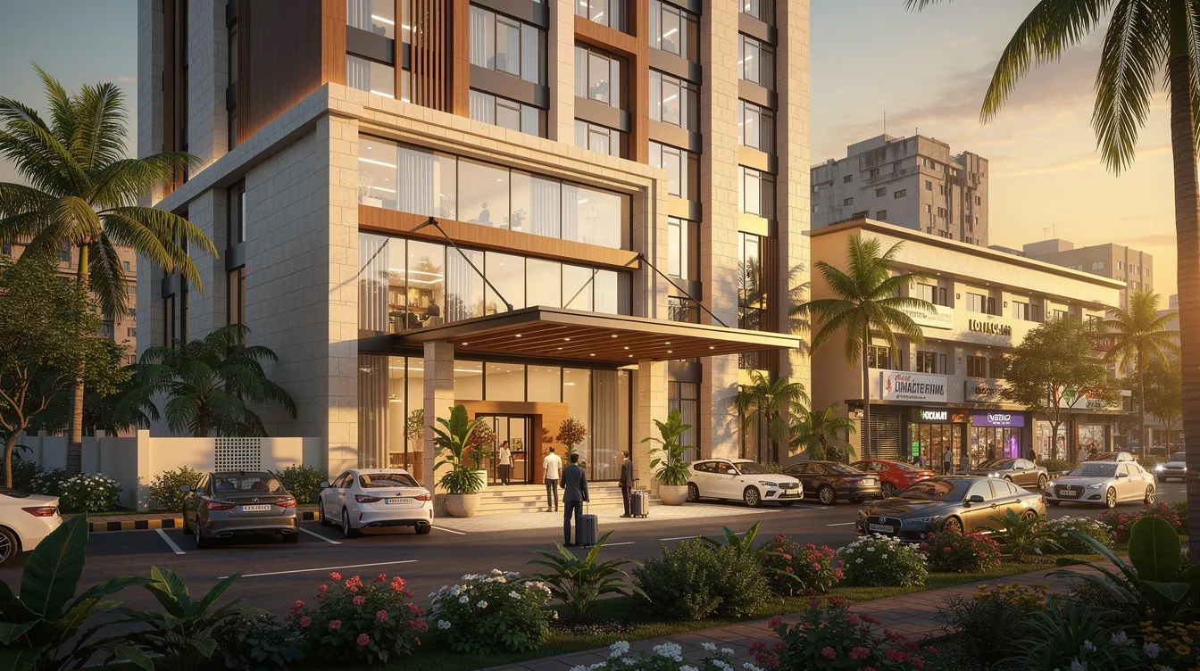 735501c0 f662 44c7 a341 6c949d3c71d1 The image depicts a modern mid-scale hotel exterior featuring a welcoming entrance surrounded by lush greenery and parked cars, set in an Indian city environment. This inviting facade reflects the hotel's focus on enhancing guest satisfaction and optimizing revenue through effective pricing strategies and a robust revenue management system.