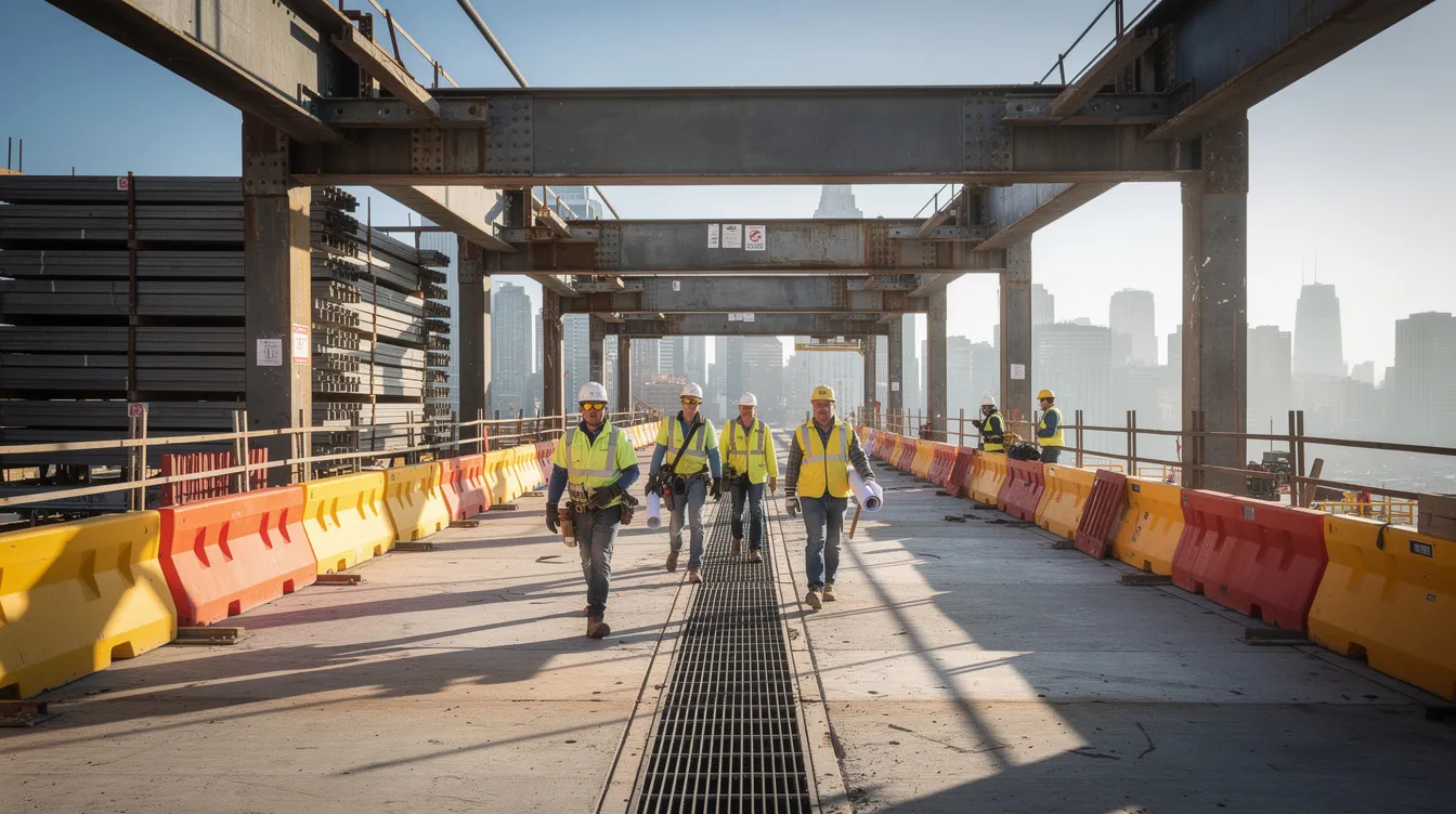 A group of construction workers is walking along a bridge construction site, surrounded by steel beams and safety barriers, highlighting the collaborative efforts involved in taxpayer-funded construction projects. The scene reflects the importance of union labor and adherence to safety regulations in public construction projects.