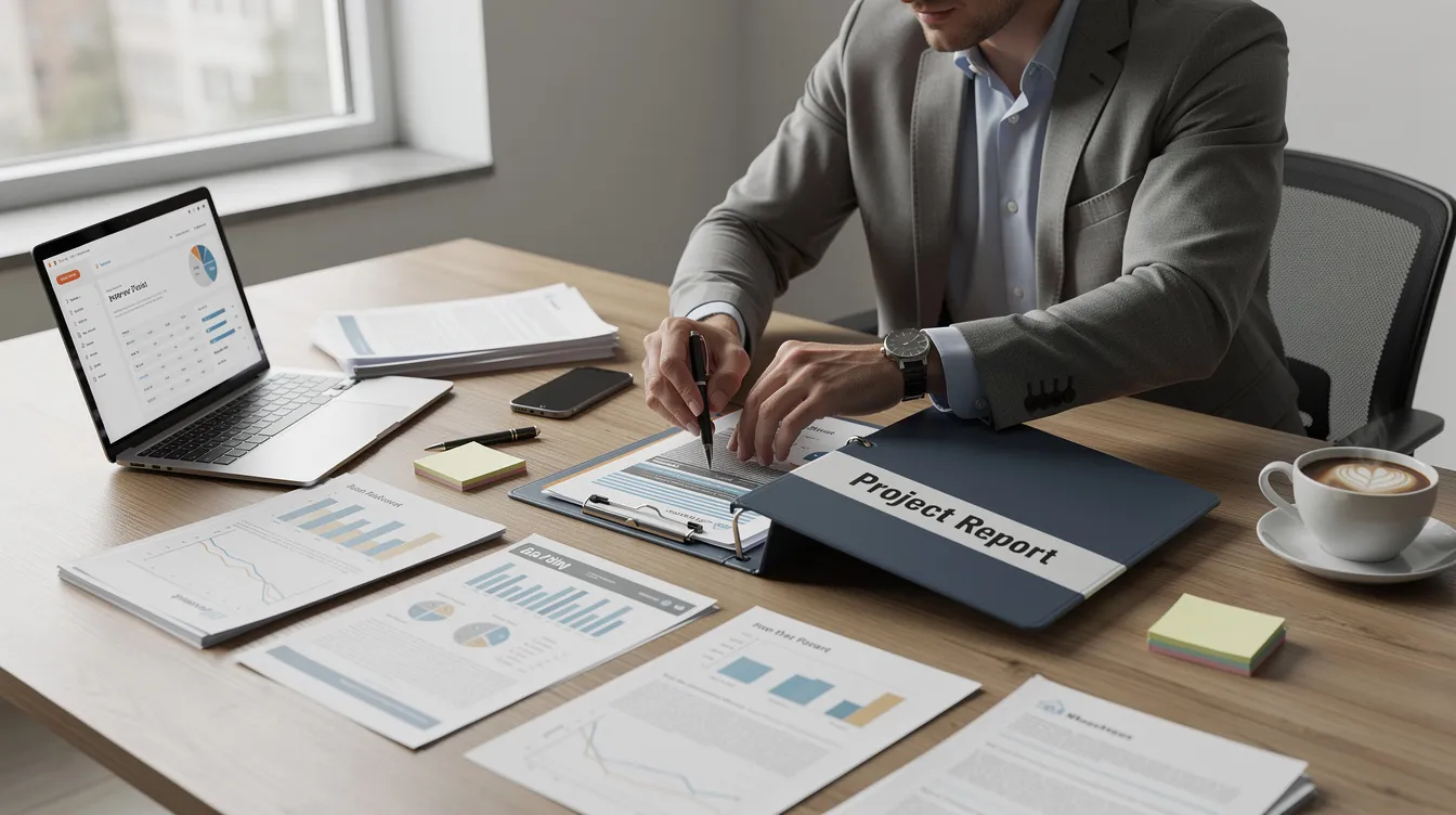 7355bbba 912a 4e4a 8df8 2a49dc1d5b59 An entrepreneur is seen meticulously organizing business documents and a project report folder on a table, reflecting the importance of a clear business plan and proper documentation for securing a mudra loan approval. The scene emphasizes the need for small business owners to prepare their loan applications thoroughly to avoid issues like loan rejection due to incomplete or mismatched documents.