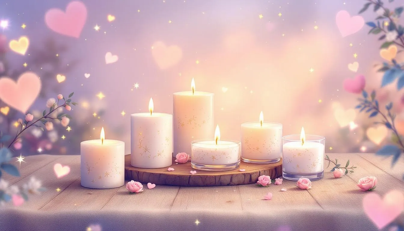 A collection of romantic scented candles that create a warm and inviting atmosphere for a cozy evening.