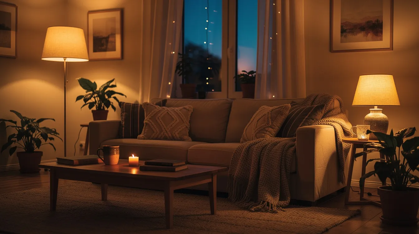 The image depicts a cozy living room bathed in soft, warm lighting from dimmed lamps, creating a relaxing atmosphere perfect for winding down in the evening. This inviting space encourages restful sleep and promotes a healthy sleep environment, ideal for establishing a calming bedtime routine.