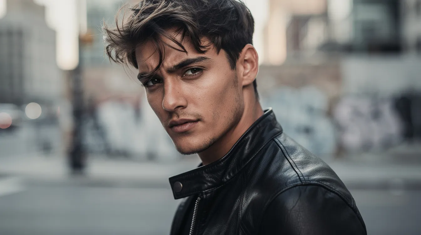Die Nahaufnahme zeigt einen jungen Mann mit zerzaustem Haar und einem nachdenklichen Blick, der in einer Lederjacke gekleidet ist. Der urbane Hintergrund erinnert an das Hafenviertel von New York, das oft in Klassikern wie "On the Waterfront" thematisiert wird.