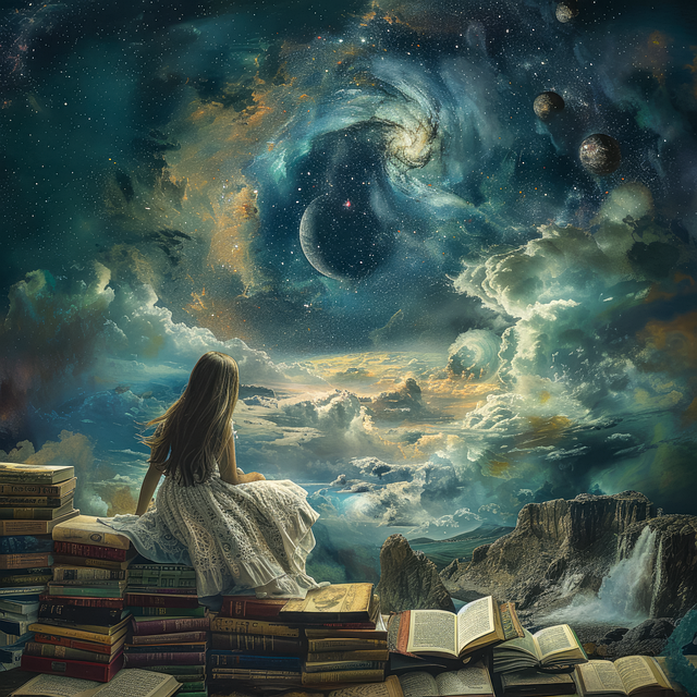 ai generated, woman, books, dream