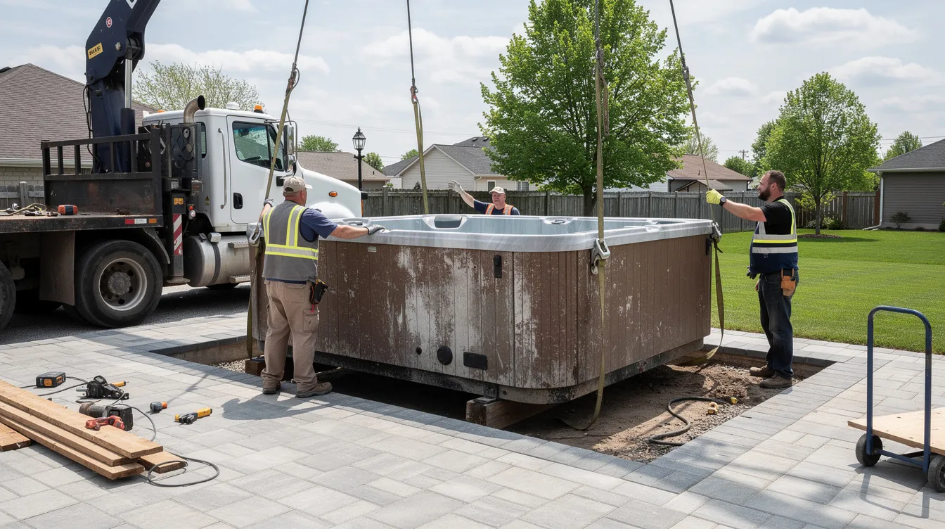 A team of junk removal professionals is carefully removing a hot tub from a backyard patio, efficiently handling the heavy lifting and ensuring responsible disposal of the unwanted item. The scene illustrates the process of decluttering a residential space, highlighting the importance of clear communication and professional service in junk hauling.