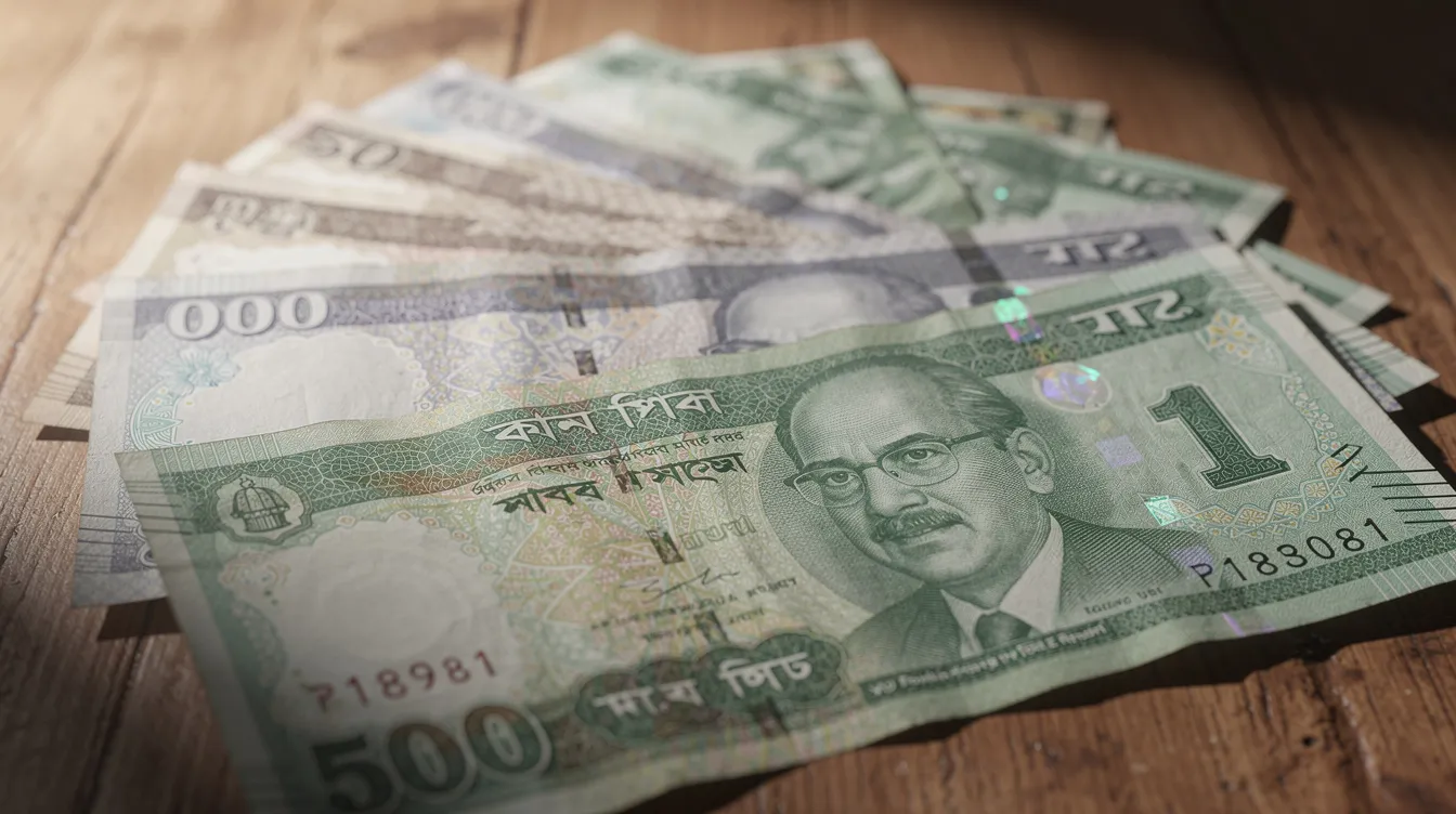 The image features Bangladeshi taka currency notes spread out on a wooden surface, symbolizing the financial transactions of Bangladeshi overseas workers. This arrangement reflects the importance of remittance inflows in supporting the global Bangladeshi diaspora and their contributions to foreign exchange reserves.