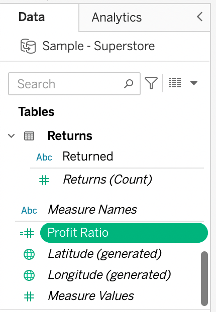 A calculated field in the measures list