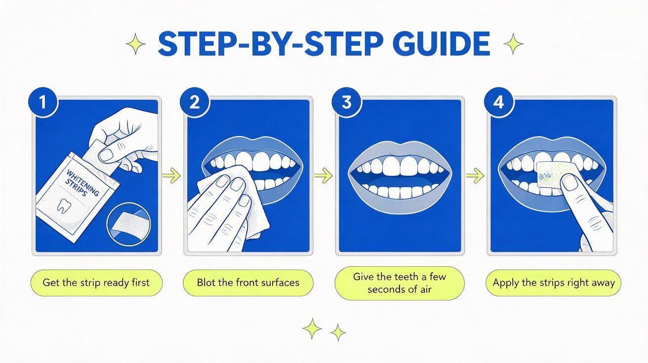 Step-by-step illustrated guide: get the strip ready first, blot the front surfaces with a tissue, give the teeth a few seconds of air, then apply the strips right away