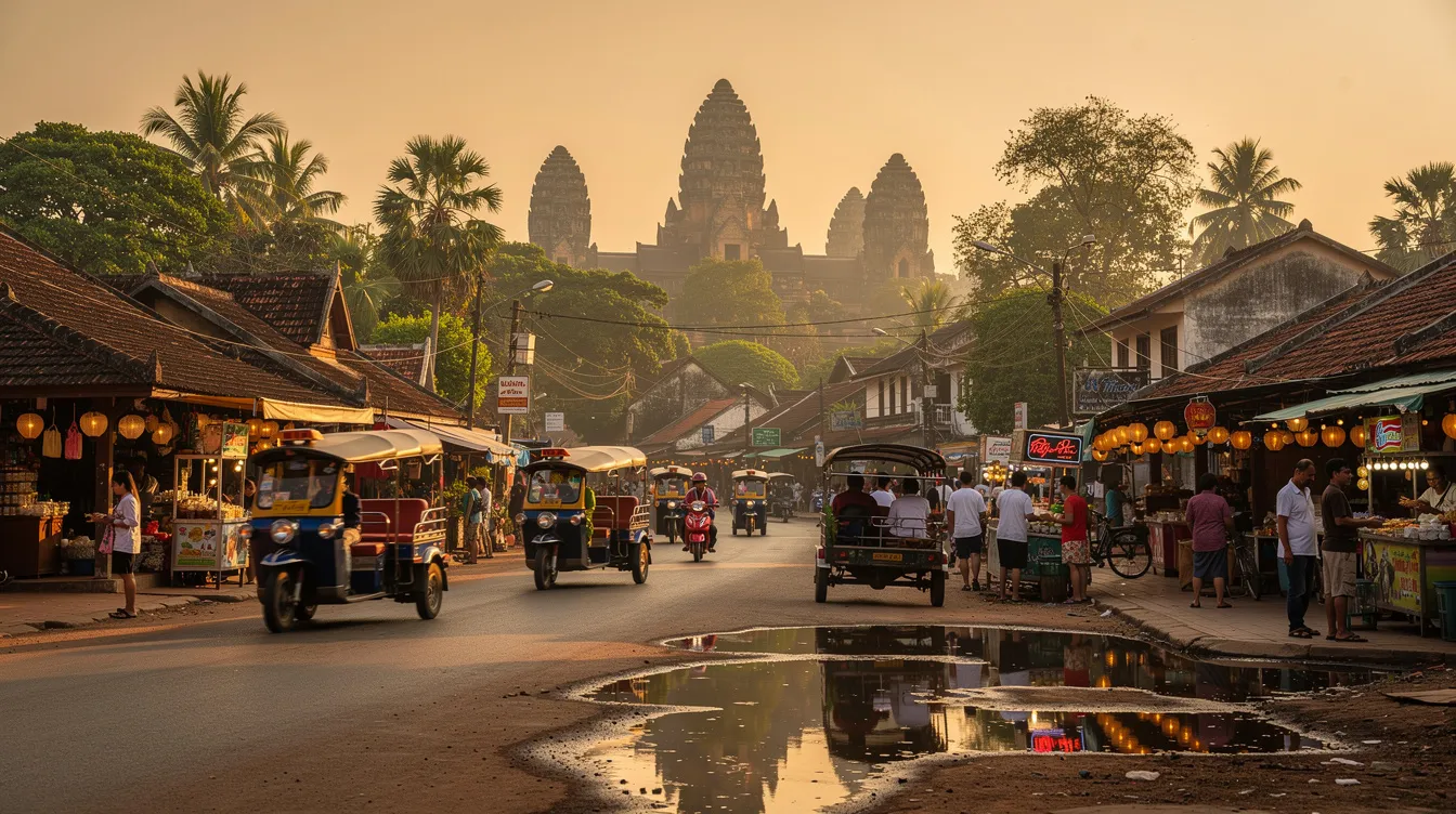 A imagem mostra a cidade de Siem Reap, na Tailândia, com seus vibrantes mercados de comida de rua e templos impressionantes, como Angkor Wat, ao fundo. A cena captura a essência da cultura tailandesa, com tuk tuks circulando pelas ruas e arranha-céus ao longe, refletindo a mistura de tradição e modernidade.