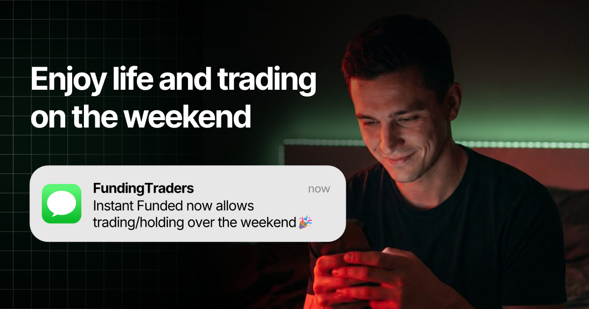 Man smiling at his phone in dim lighting beside the headline "Enjoy life and trading on the weekend" and a mock Funding Traders notification announcing Instant Funded now allows trading and holding over the weekend
