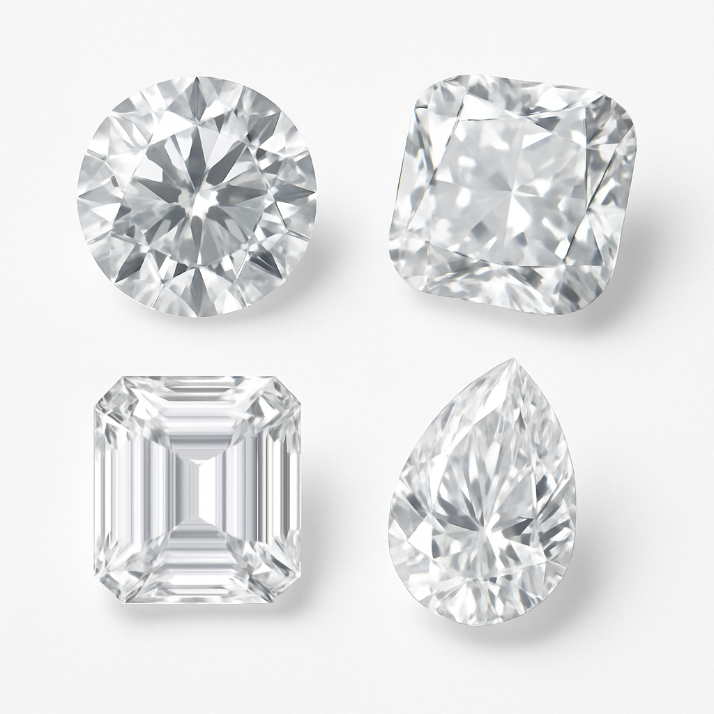 Deimantų forma – apvalus (angl. Round), pagalvėlės (angl Cushion), stačiakampio (angl. emerald), lašo angl. Pear). 