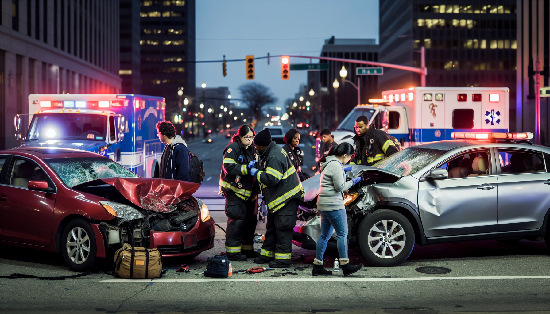 Car accident scene with damaged vehicles and emergency responders