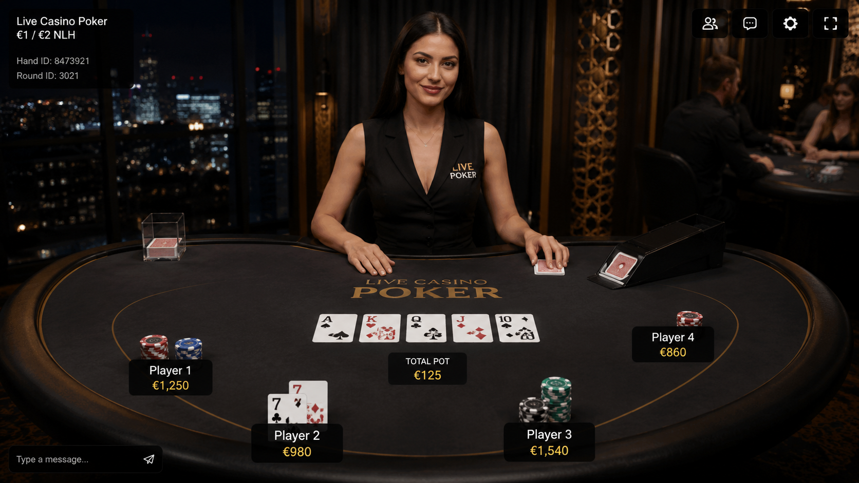 Live casino pokerbord online med spelare, dealer och marker i digital casinomiljö.