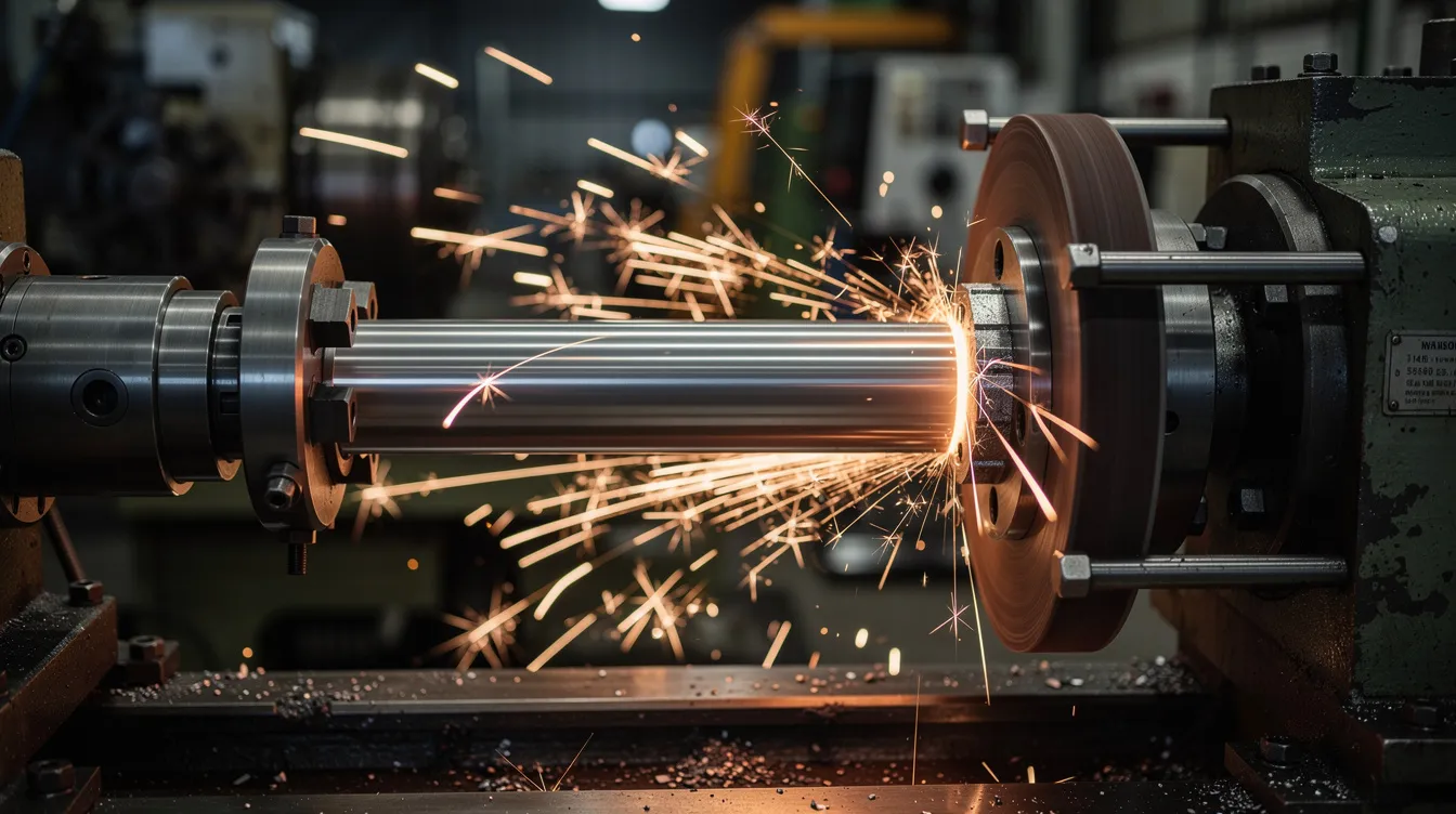 A close-up view of a cylindrical grinding machine shows a metal shaft being ground by a rotating grinding wheel, with sparks flying from the rough grinding process. The image highlights the precision of the plunge grinding method as the workpiece passes through the machine, showcasing the material removal and surface finish achieved on complex geometries.