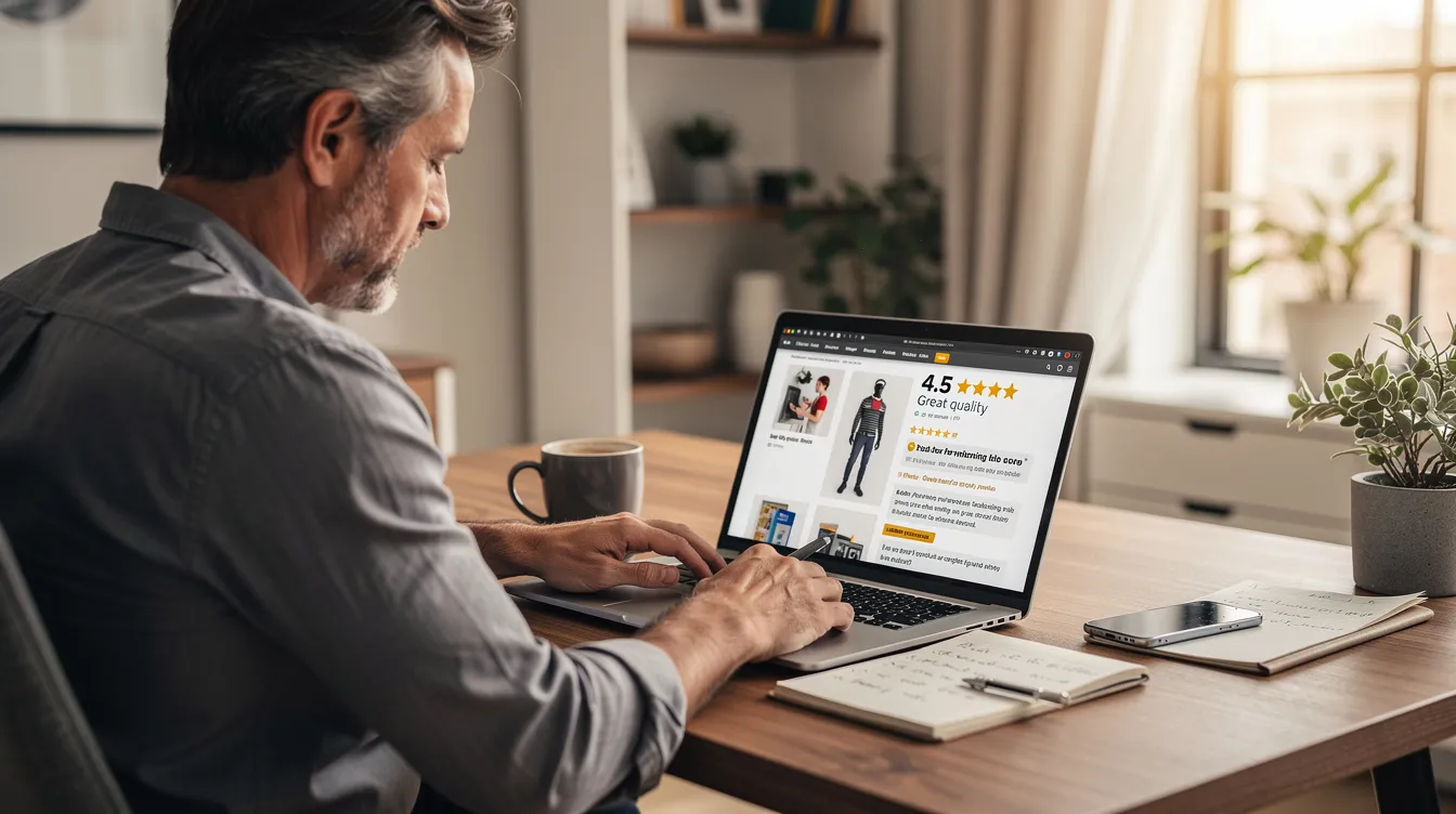 A man is seated at a desk, intently reviewing product information on his laptop, likely searching for testosterone supplements like Nugenix Total T to boost testosterone levels and enhance muscle mass. The scene suggests a focus on health and performance, as he assesses the effectiveness of different products and their potential benefits for increased energy and stamina.