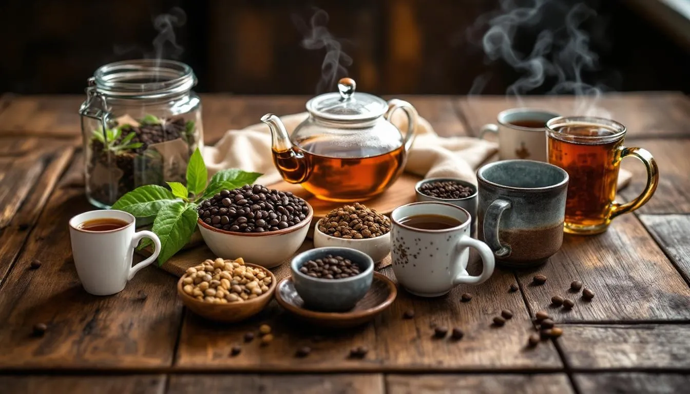 A cozy arrangement features various tea varieties, aromatic coffee beans, and warming mugs with steam rising, creating a comforting atmosphere perfect for a get well gift basket. This delightful setup invites relaxation and cheer, ideal for brightening someone's day during difficult times.