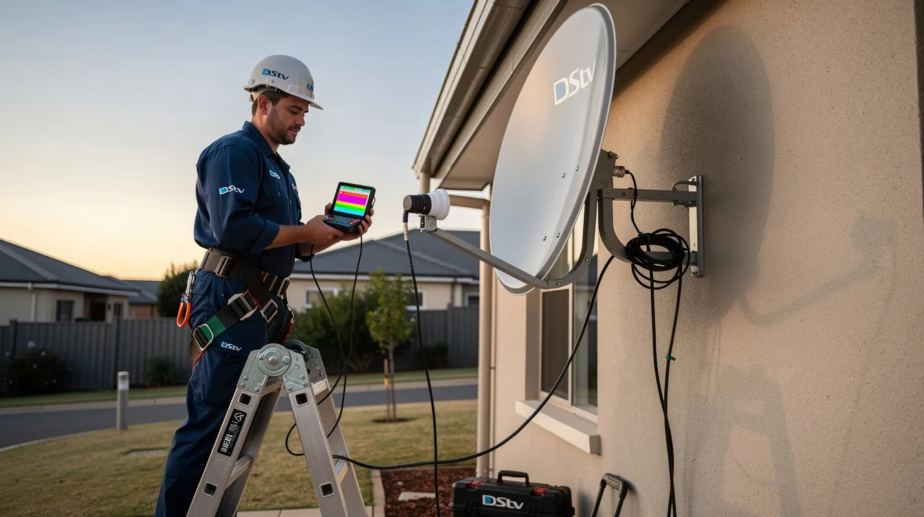 A professional DStv technician is seen performing signal testing and checking the smart LNB to ensure optimal performance of the DStv system. This skilled technician is focused on troubleshooting signal issues to provide reliable DStv repair services and enhance the viewing experience.