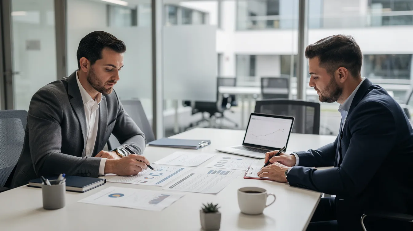 The image shows two professionals engaged in a consultation meeting, focused on reviewing documents related to life insurance coverage and policies. They appear to be discussing important details about group life insurance and individual life insurance options.