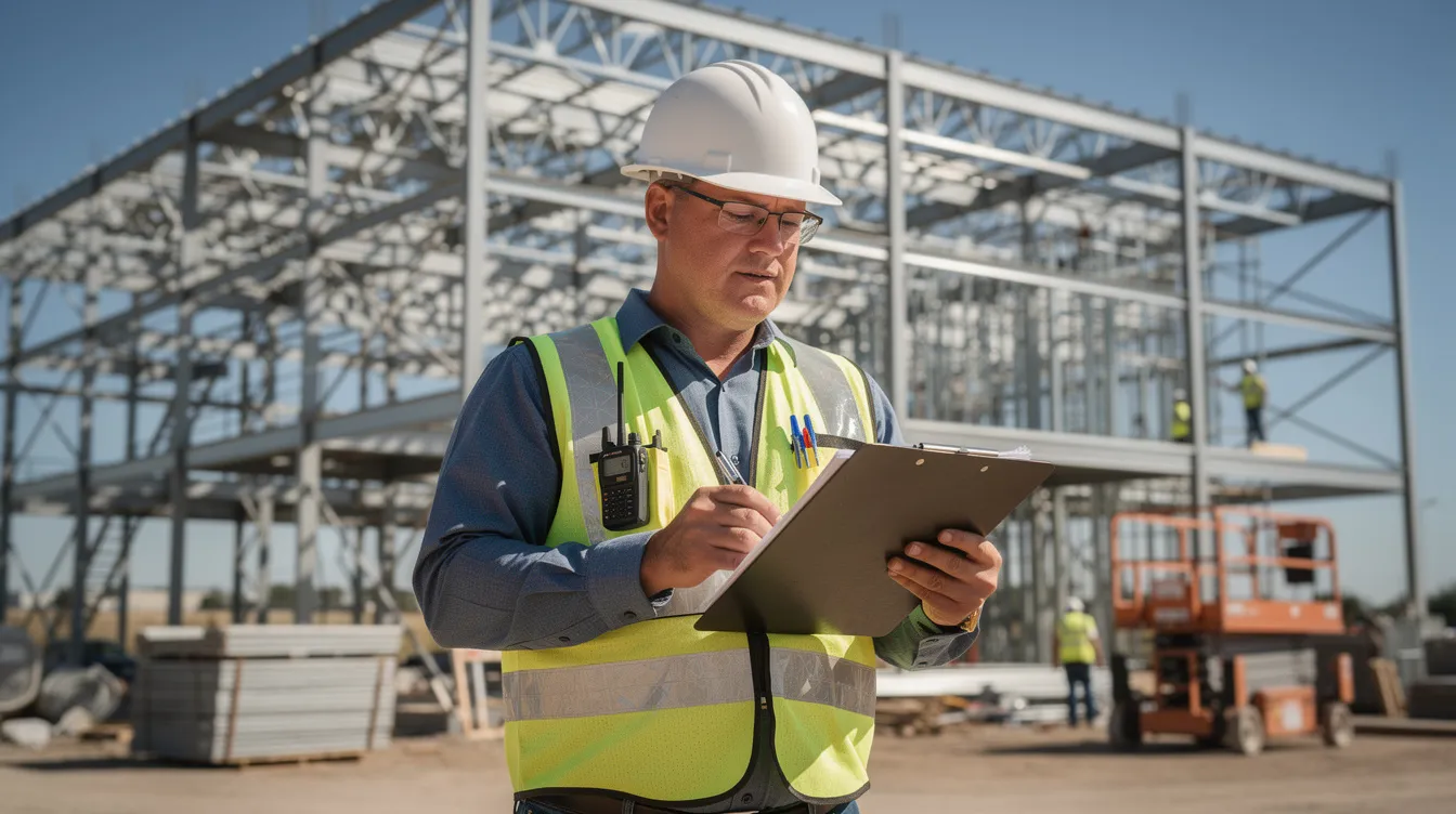 Construction superintendent reviewing project documents on a clipboard at a jobsite with steel framing in the background.